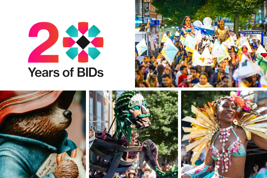 20 years of BID logo with a selection of images from Reading, including Diwali, Paddington Bear, EKO and a carnival dancer